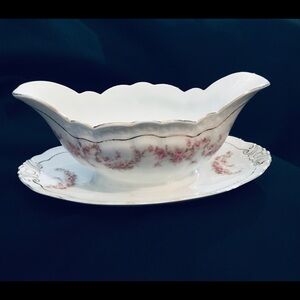 Vintage Orleans Z.S. & Co.Bavaria Pink Rose Pattern Gravy Boat w/Attached Plate